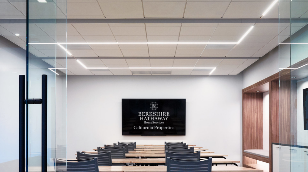 An office with subtle lighting.